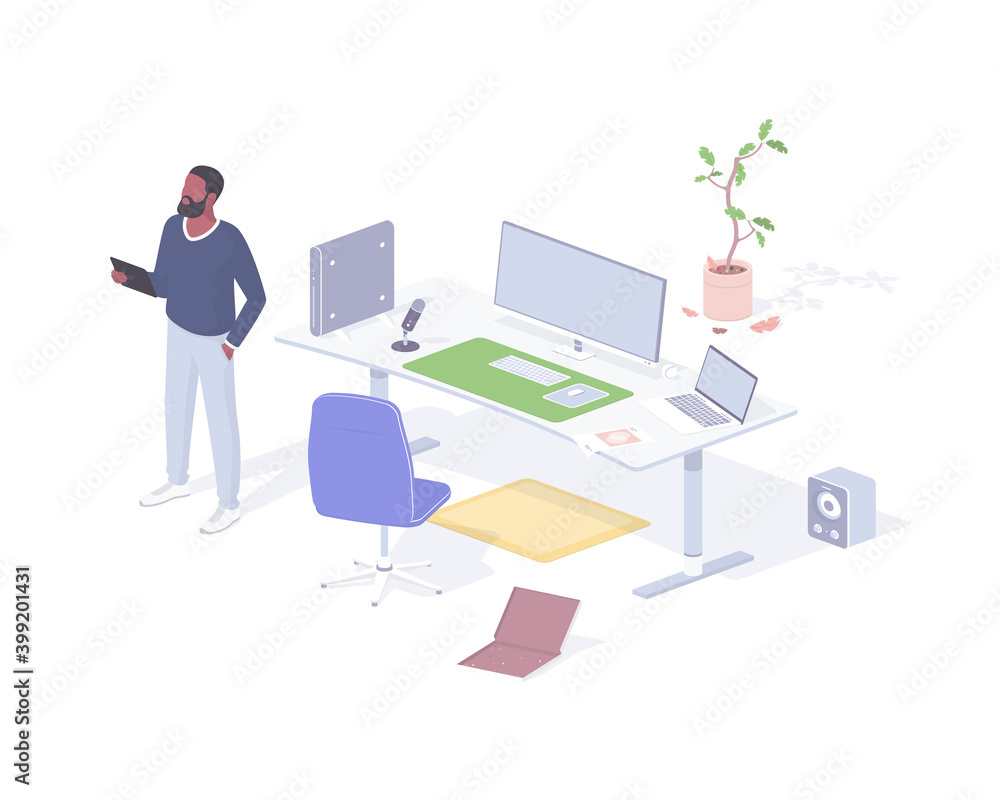 Poster man prepares to stream realistic isometric. male character with tablet checks webcast script.