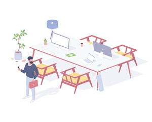 Man in office for business meetings isometric illustration. Male character with briefcase awaits start of conference.