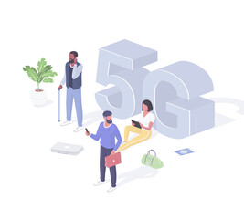 People interact new 5g technologies isometric concept. Male and female characters communicate mobility with friends.