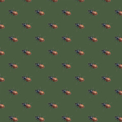 Obraz na płótnie Canvas Seamless minimalistic pattern of brown beetles on a green background. Photo collage. Pop Art. Background from beetles. Nature. Postcard, printing on fabric, wrapping paper.