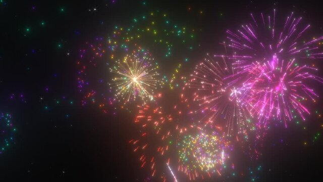 Fireworks in Night Sky Explode Bright Light Holiday Celebration Event - 4K Seamless VJ Loop Motion Background Animation
