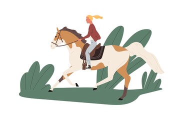 Equestrienne riding horse outdoors. Jockey ride stallion outside. Scene of horseback in nature and active recreation with animal. Flat vector cartoon illustration isolated on white