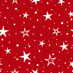 Seamless pattern with stars and snow on red background. Vector illustration.