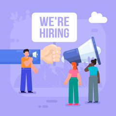 Vacancy, job recruitment, hire, search for employee. Group of people stand near we're hiring sign. Modern vector illustration