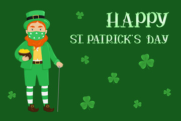 St. Patrick's Day greeting card. Leprechaun in mask hold pot of gold. Vector illustration.