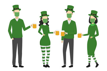 Friends in masks celebrating St. Patrick's Day. Cartoon. Vector illustration.