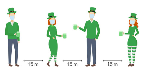 Social distancing 1.5 meters on St. Patrick's Day. Poster. Vector illustration.