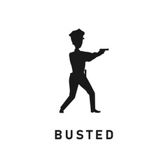 Police making arrest black silhouette. Policeman aiming gun icon sign or symbol. Cop shooting suspect logo. Crime scene. Criminal investigation. Law enforcement patrol simple vector illustration.