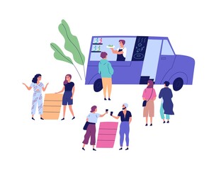 Young people spend time at open air festival near food truck. Scene of takeaway meal at outdoor event. Happy men and women drink and talk outside. Flat cartoon vector illustration isolated on white