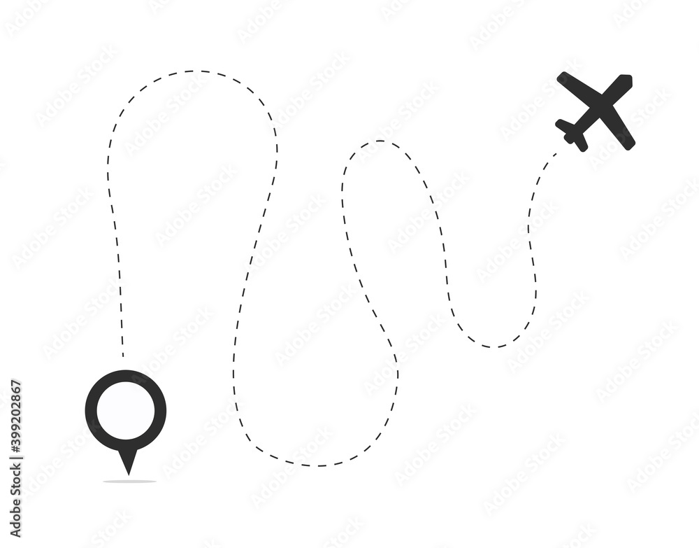 Poster flight of plane path route line vector, airplane map pin pointer with trace navigation direction mar