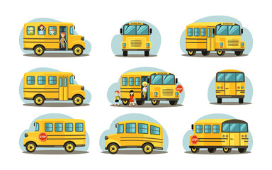 School bus in various forms. Passenger yellow car with joyful children vehicle for transporting elementary schoolchildren cozy movement in modern safe car and travel excursions. Cartoon auto vector.