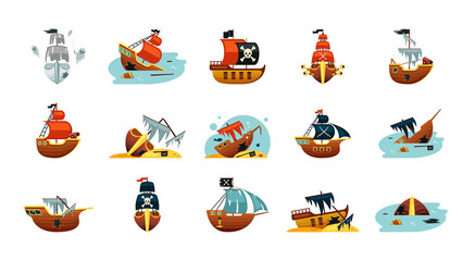 Pirate game ships set. Sunken play spanish sailboat with gold exploded wreckage dreadnought corsair schooners ragged sails with cannons new frigates flag of skull and crossed sabers. Vector cartoon.