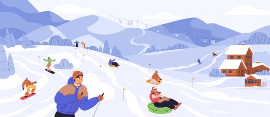 People snowboarding and riding tubing at ski resort. Skiers and snowboarders rolling from snowy mountain slope. Outdoor winter sports activities. Colored flat vector illustration - obrazy, fototapety, plakaty