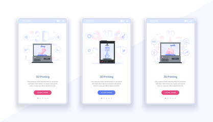 3d printers web screen template. Onboarding blog banner about models of modern three dimensional compositions.
