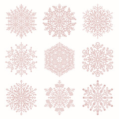 Set of snowflakes. Pink winter ornaments. Snowflakes collection. Snowflakes for backgrounds and designs
