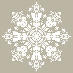 Oriental pattern with arabesques and floral elements. Traditional classic ornament. Vintage round white pattern with arabesques