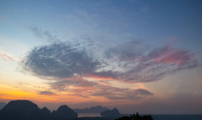 Samet Nangshe viewpoint mountain sunrise background. Phang-nga, Thailand, Asia