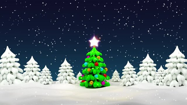 Christmas tree in winter forest. Night Xmas scene with snowfall. 3d looped animation.