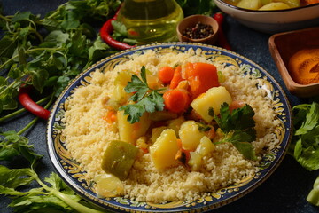 Cooked couscous with green parsley in  ceramic plate and vegetable stew.