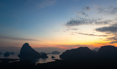 Fototapeta na wymiar Samet Nangshe viewpoint mountain sunrise background. Phang-nga, Thailand, Asia