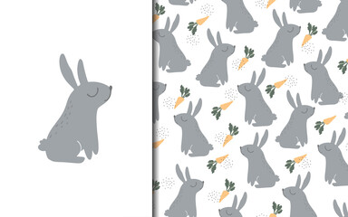 Rabbit with carrots. Set of vector seamless backgrounds and illustrations. Children's illustrations in cartoon hand-drawn style for printing on clothes, interior design, packaging, printing.