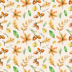 Autumn leaves and berries pattern. Watercolor hand painted seamless floral background. Fall texture on beige brown. Botanical illustration for design, fabric, wrapping