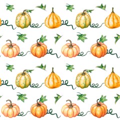 Autumn leaves and pumpkins pattern. Watercolor hand painted yellow and green pumpkins. Seamless harvest. Thanksgiving Fall texture on white background. Botanical illustration for design, wrapping