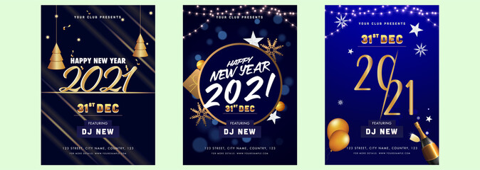 Happy New Year Party Flyer Or Template Design In Three Options.