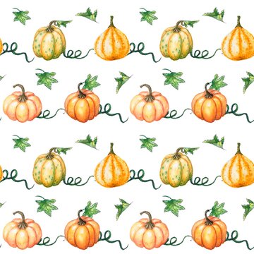 Autumn leaves and pumpkins pattern. Watercolor hand painted yellow and green pumpkins. Seamless harvest. Thanksgiving Fall texture on white background. Botanical illustration for design, wrapping