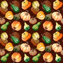 Watercolor hand painted autumn pumpkins pattern. Yellow and green pumpkins.Seamless harvest background. Thanksgiving Fall texture. Botanical illustration for design, fabric, wrapping