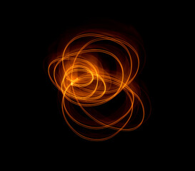 Light wave trail path, vibrant neon gold color in abstract swirls on a black background