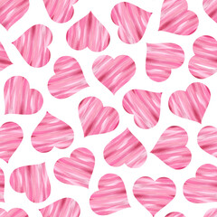 Pink hearts on a white background. Watercolor seamless pattern. Can be used for wallpapers, patterns, web page backgrounds, surface textures, textiles.