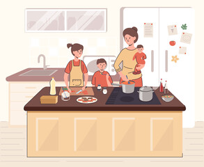 Cartoon Color Characters People Mother Cooking Together Children Concept. Vector