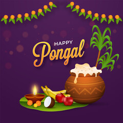 Happy Pongal Celebration Poster Design With Pongali Rice In Mud Pot, Fruits, Lit Oil Lamp (Diya), Banana Leaf, Sugarcane On Purple Background.