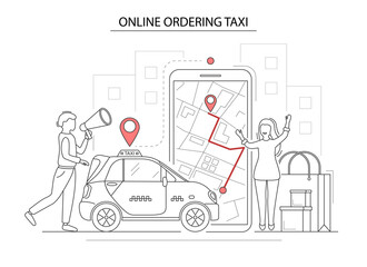 Characters People Online Ordering Taxi Concept Contour Linear Style. Vector