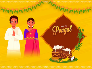Happy Pongal Concept With South Indian Couple Greets, Traditional Dish In Mud Pots, Fruit, Sweet (Laddu), Sugarcane And Toran On Yellow Background.