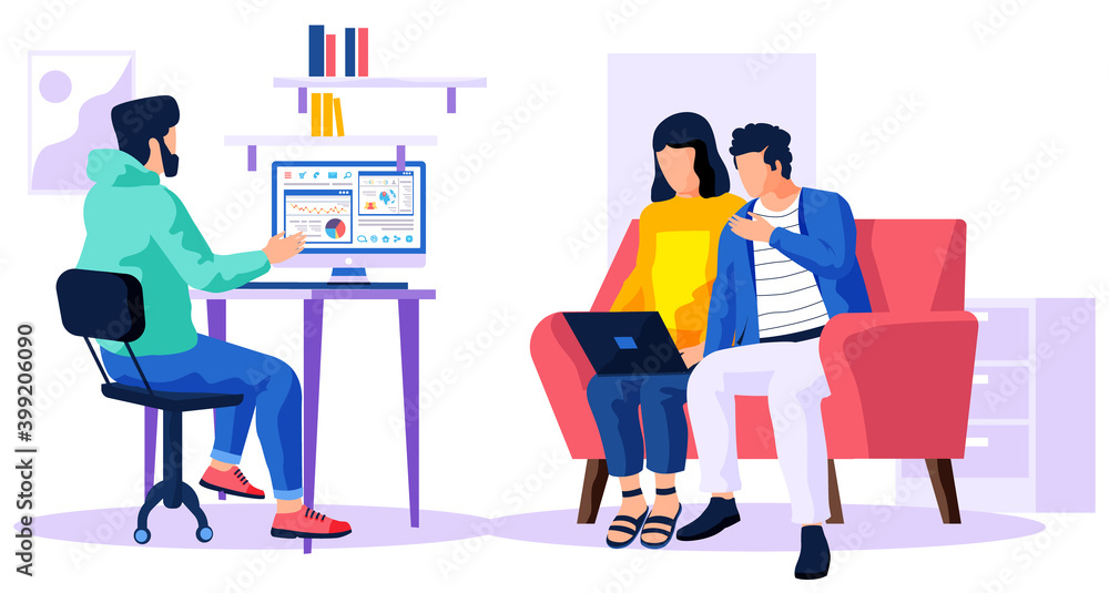 Poster man is working with data and business statistics. couple with laptop watching video. male character 