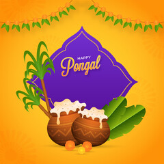 Happy Pongal Concept With Rice Mud Pots, Banana Leaves, Sugarcane And Toran Decorated On Yellow Background.