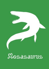 Mosasaurus Dinosaur design vector illustration. animal silhouette, dark green dinosaur, dark green kids dinosaur name prints, boys bedroom wall art, dino room, children's posters.