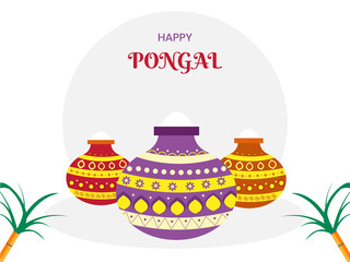 Happy Pongal Celebration Concept With Mud Pots Full Of Grain And Sugarcane On White Background.