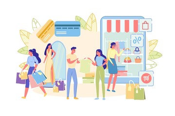 People Shop for Clothes Online, Flat Illustration.