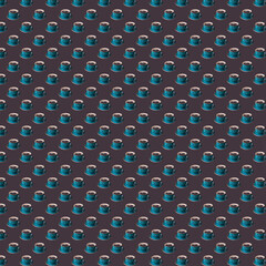 Seamless minimalistic pattern of cups of coffee on a dark brown background. Postcard, printing on fabric, wrapping paper. Pop Art.