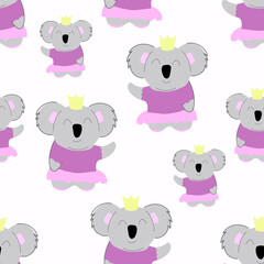 Princess koala in a skirt. seamless pattern. Decorative wallpaper for the nursery in the Scandinavian style. Vector. Suitable for children's clothing, interior design, packaging, printing.
