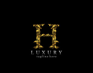 Elegant H Letter Gold logo icon, luxury flourishes ornament monogram design vector.