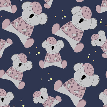 Koala in pink pajamas among the stars. seamless pattern. Decorative wallpaper for the nursery in the Scandinavian style. Vector. Suitable for children's clothing, interior design, packaging, printing.