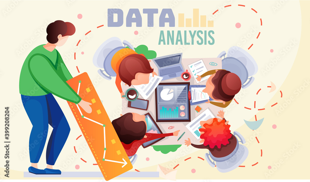 Poster data analysis teamwork. a team of analysts holds a meeting and develops a marketing strategy based o