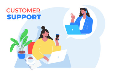 Customer support. Hotline operator. Concept illustration for support, call center. Woman with headphones and microphone with laptop. Flat Vector illustration