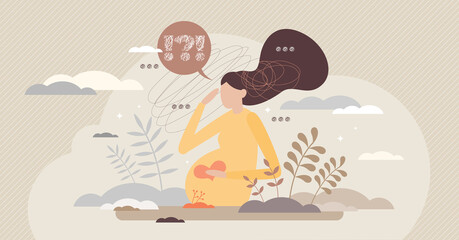 Pregnant woman anxiety and concern about newborn baby tiny person concept