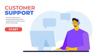 Customer support. Hotline operator. Concept illustration for support, call center. Man with headphones and microphone with laptop. Flat Vector illustration