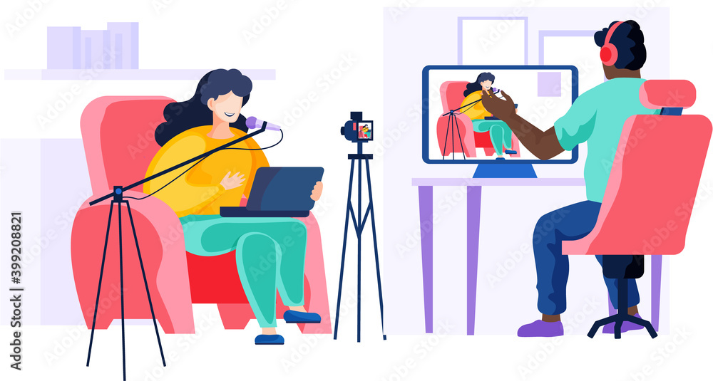 Poster working in a recording studio. people communicate at work. operator is recording interview with girl